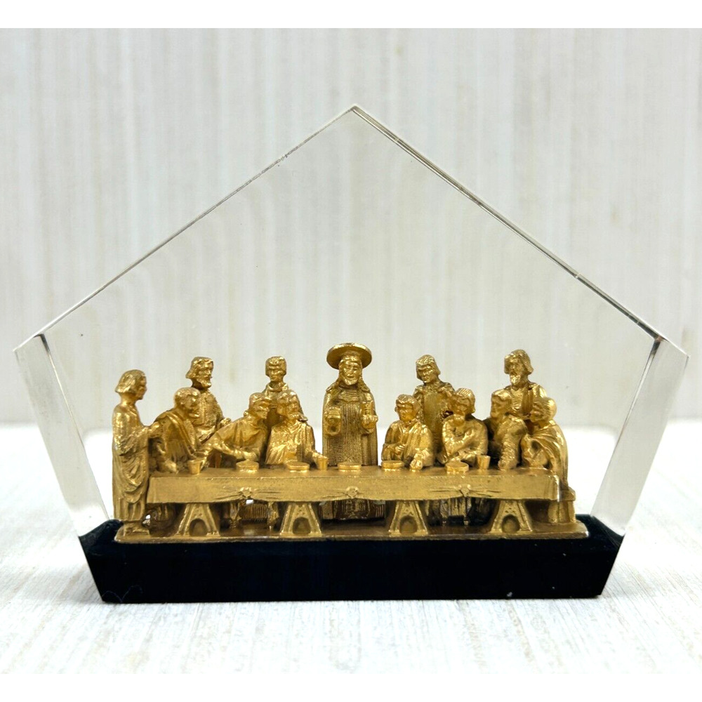 Last Supper Jesus Vintage Gold Miniature Acrylic Block With Carved Vintage